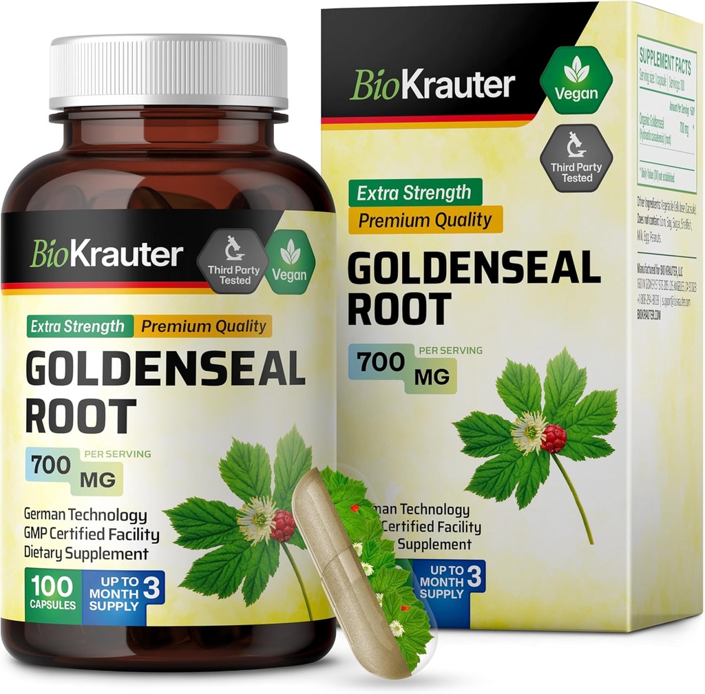 BIO KRAUTER Goldenseal Root Capsule 700 mg - 100 Golden Seal Powder Caps - Respirační a trávicí podpora - Vegan, No Fillers