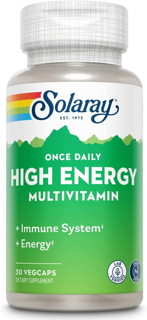 SOLARAY Jednou denně High Energy Multivitamin, Železo zdarma, imunitní systém a podpora energie, Celé potraviny a byliny základní složky, Mens a Womens Multi Vitamin (30 Služeb, 30 VegCaps)