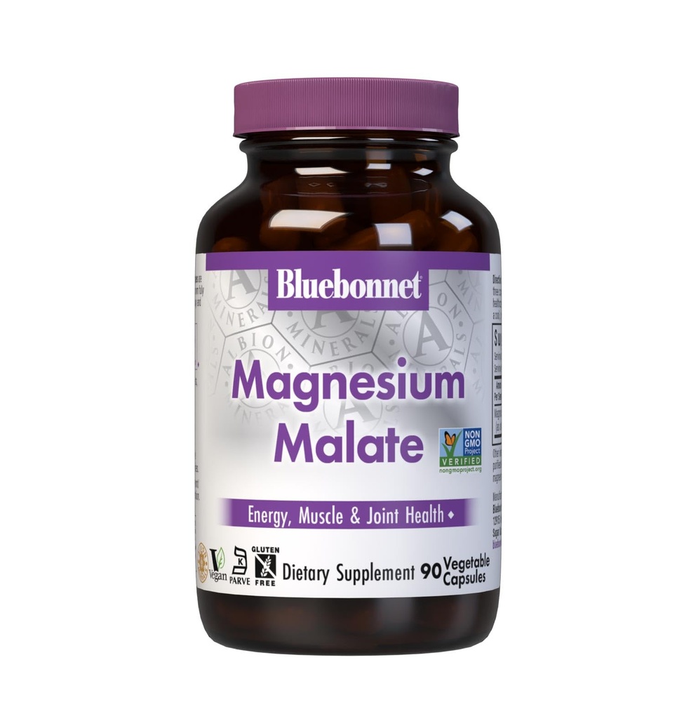 Bluebonnet Nutrition Magnesium Malate Zeleninové kapsle - Podporuje energii, svalů a společného zdraví - Non- GMO, Vegan, Kosher Certified, gluten- Free, 90 Počet