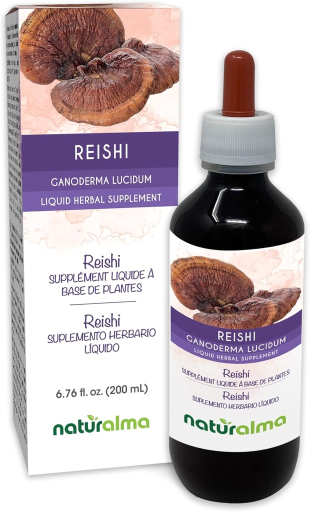 Naturalma Reishi (Ganoderma lucidum) Fungus nebo Houba Alcohol- Free tinktura - 6.76 fl oz Liquid Extract in Drops - Bylinný dodatek - Vegan