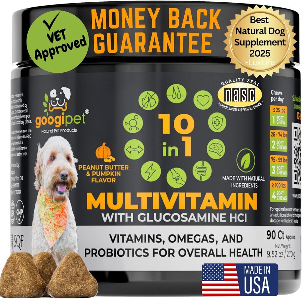 Googipet Premium 10 v 1 Pes Vitamíny Multivitamin Žvýkací s probiotika pro Gut zdraví, Pes Vitamíny a doplňky w / Vitamin C & Glucosamine pro společnou podporu (arašídové máslo a dýně Flavor)