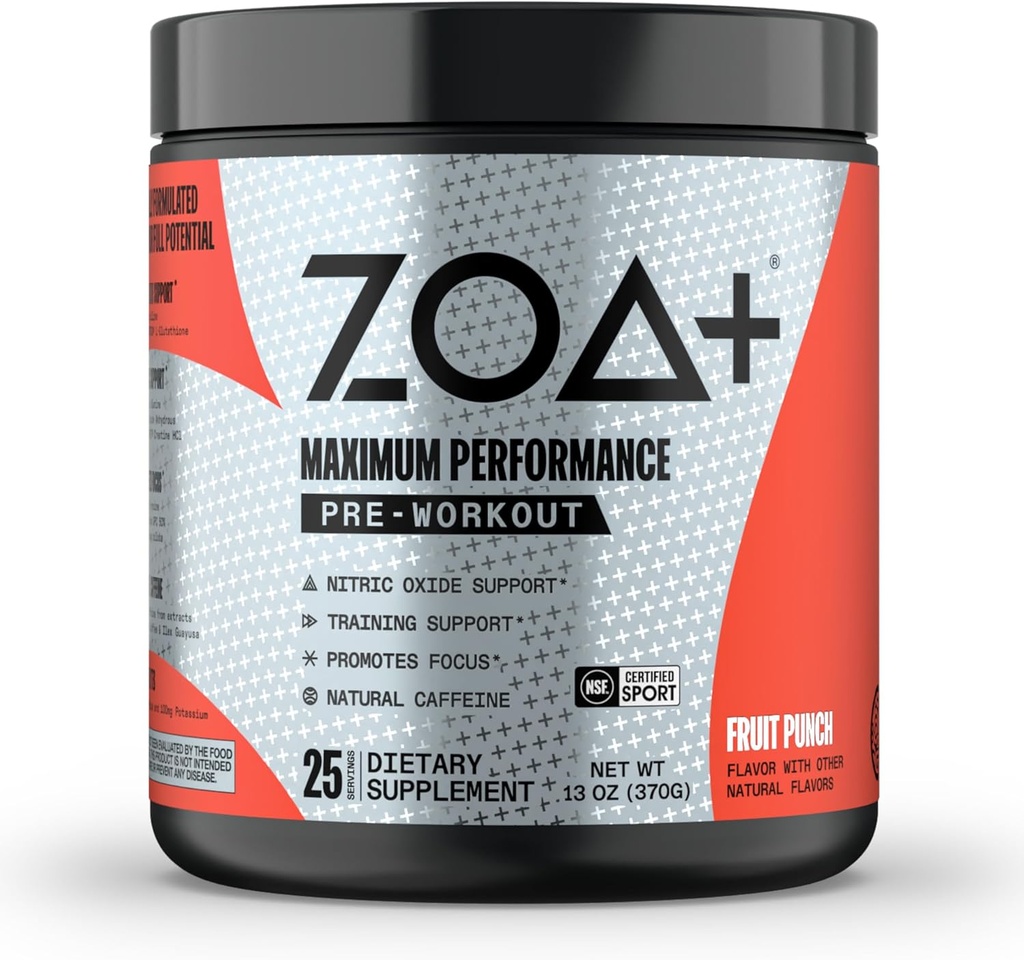 ZOA + Zero Sugar Pre Workout Powder, Fruit Punch - NSF Certified for Sport with Electrolytes, Creatine, Beta Alanin, Ginkgo Biloba, 200mg Caffeine - 25 Služeb