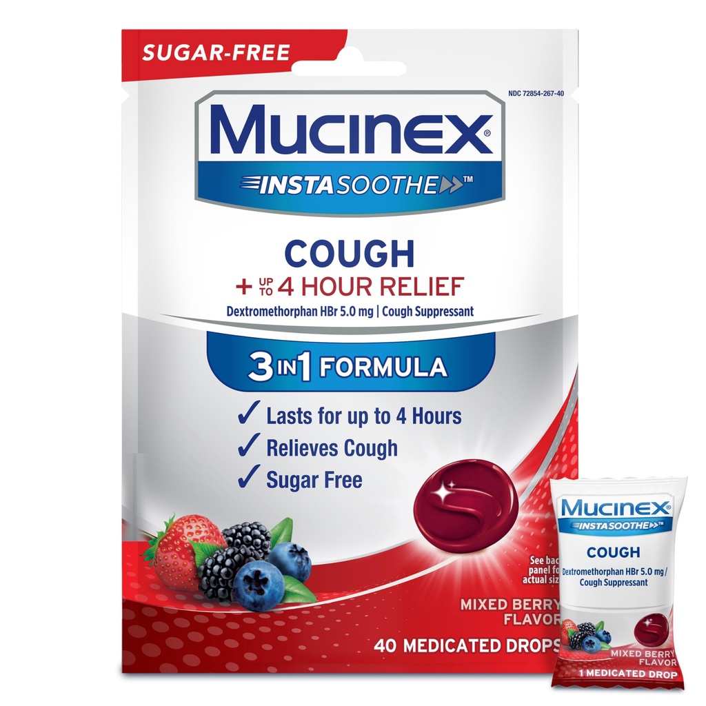 Mucinex Instaoothe cukr zdarma kašel kapky, kašel medicína pro dospělé s Dextromethorfan HBr, non menthol kašel kapky, kašel Suppressant Lozenges, smíšené Berry medikované kašel kapky, 40ct
