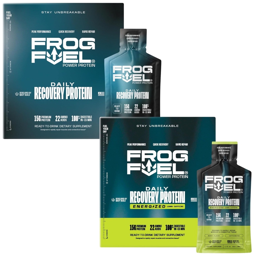 Frog Fuel Power Regular & Power Energized Complete Protein Shot Bundle, 15g Protein Nano- Hydrolyzované trávy Fed kolagen, Post Workout, Fat & Sugar Free, 22 Amino Acids, Berry, 1 oz Packets, 48 Pack