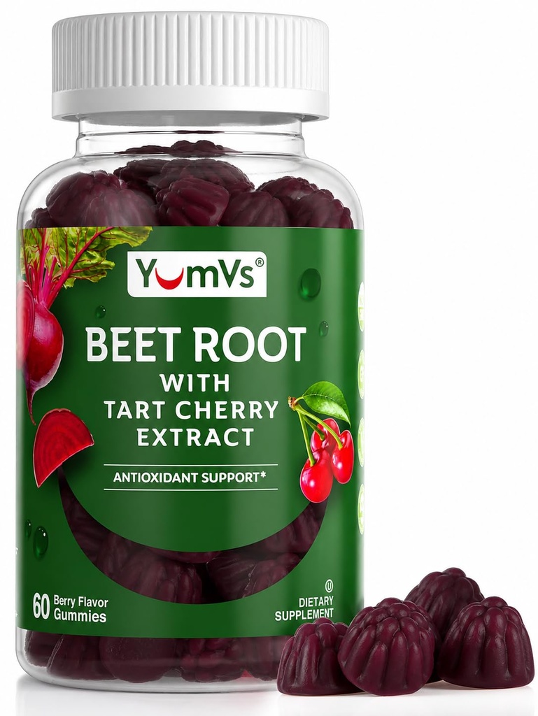 YUM-V 's Beet Root Gummies with Tart Cherry Extract - Berry Flavor Beetroot Gummies - Beet Chews for Blood Circulation and Antioxidant Support - Red Beets Gummies (Berry 60 Count (Pack of 1)