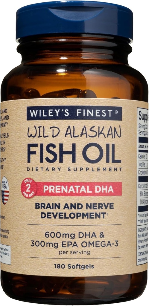 Wiley 's Finest Wild Alaskan Fish Oil Prenatal DHA - 900mg EPA a DHA Omega-3s pro těhotné ženy a kojící matky - 180 Softgels (90 Prenatal Vitamin Servings)
