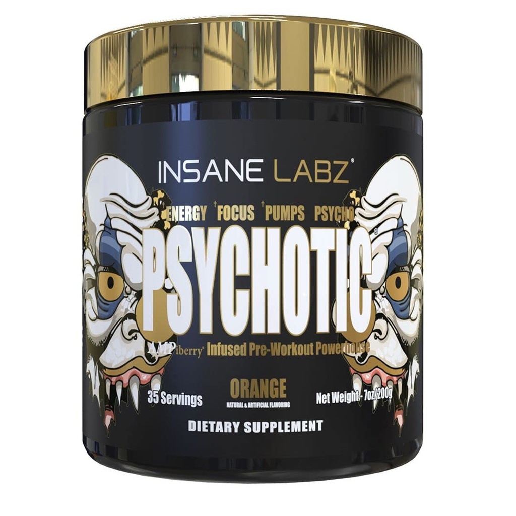 Šílený Labz Psychotické zlato, High Stimulant Pre Workout Powder, Extreme Lasting Energy Focus, Pumps and Endurance with Beta Alanine, DMAE Bitartate, NO Booster (35 Servings, Orange)
