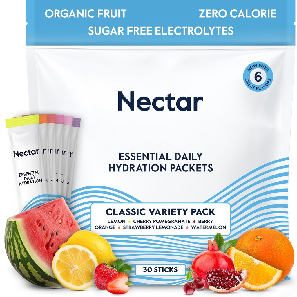 Nektar Hydratační balíčky - Electrolytes Powder Packets - Cukr zdarma & 0 Kalorie - Organic Fruit Liquid Daily IV Electrolytes Powder for Dehydratation Relief and Rehydration (Variety 30 Pack)