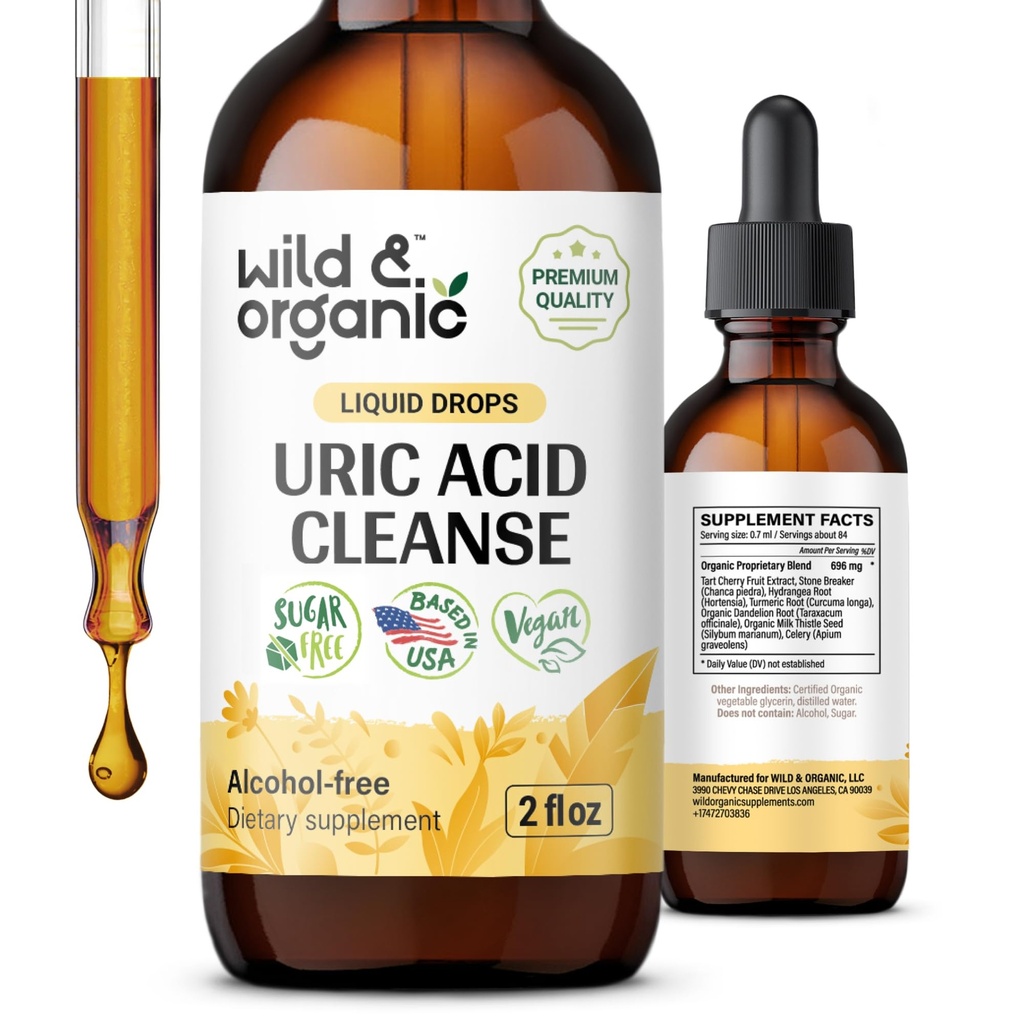 Wild & Organic Uric Acid Cleanse Drops - Tart Cherry, Turmeric, Chanca Piedra Stone Breaker Complex for Ledney Cleanse - Supplementary Uric Acid Supplementary - Vegan, Sugar & Alcohol- Free Tinkture - 2 oz