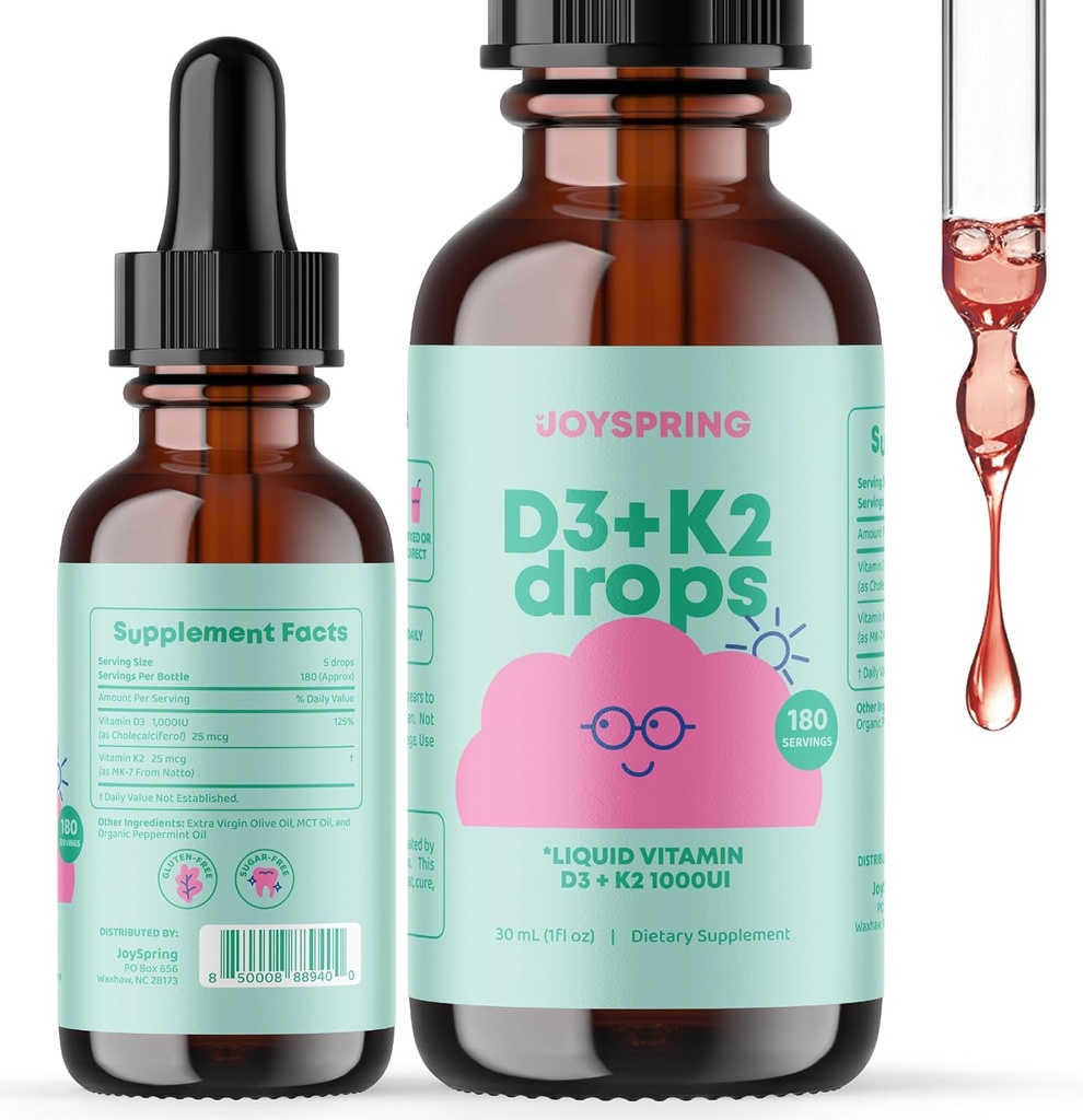 JoySpring tekutý vitamin D3 s K2 vitamin D pro děti - Imunitní podpora pro děti, Denní Multivitamin s Burdock Root & Elderberry pro děti imunitní booster a přírodní děti Focus Dopps
