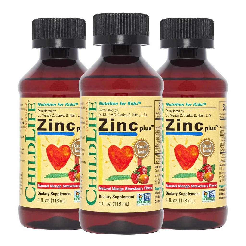 Dětský život ESSENTIALS Liquid Zinek Plus pro děti a batolata - Liquid Supplement Kapky, Zinek Gluconát & Měď pro imunitní podporu - Mango Jahoda, 4 Fl Oz (balení po 3)