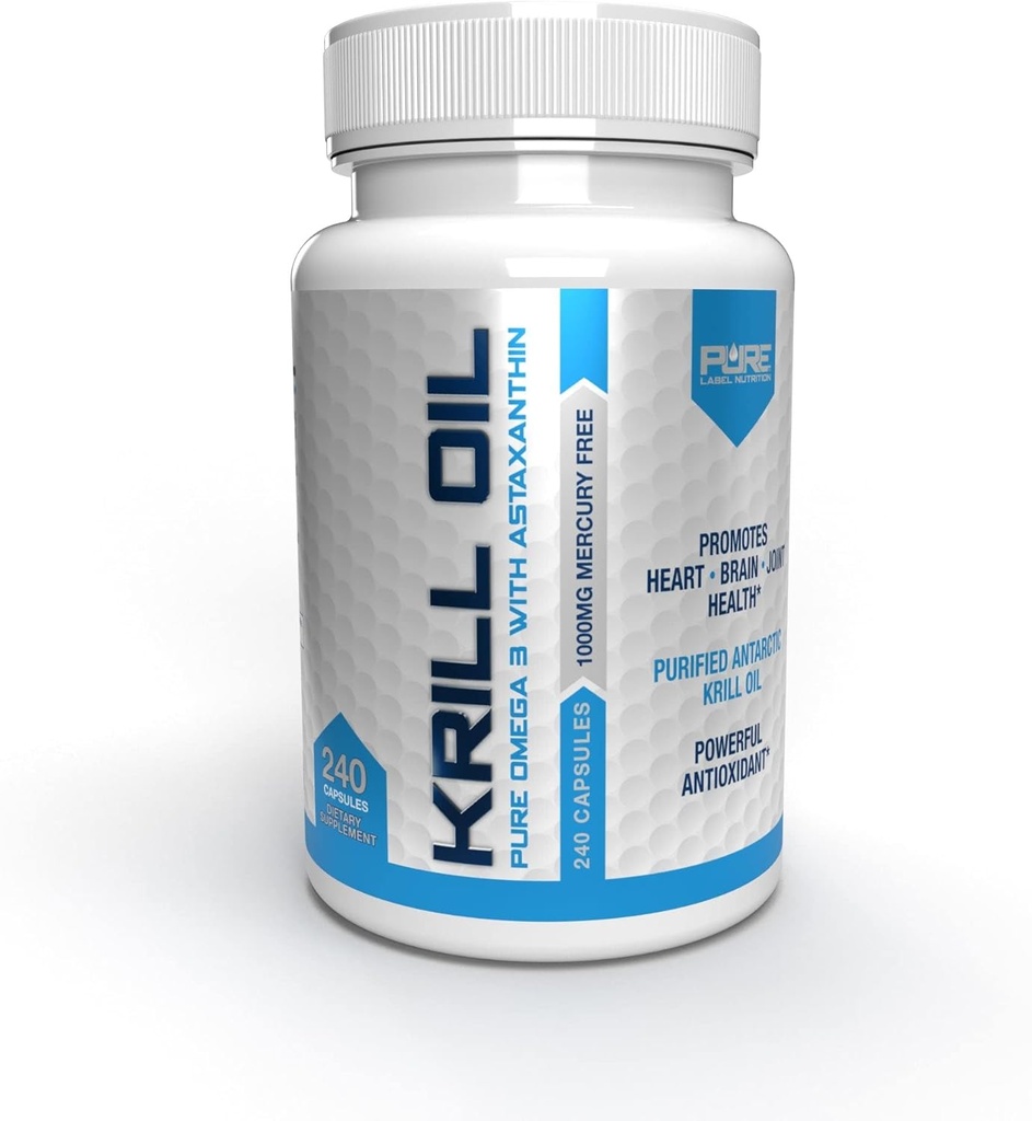 Čistá výživa na etiketě Čerstvý antarktický krilový olej 1000mg, Omega 3 's, Extra síla, EPA & DHA softgels s antioxidantem Astaxanthin. Heart Health Doplněk a No Fishy After Taste. 240 želé
