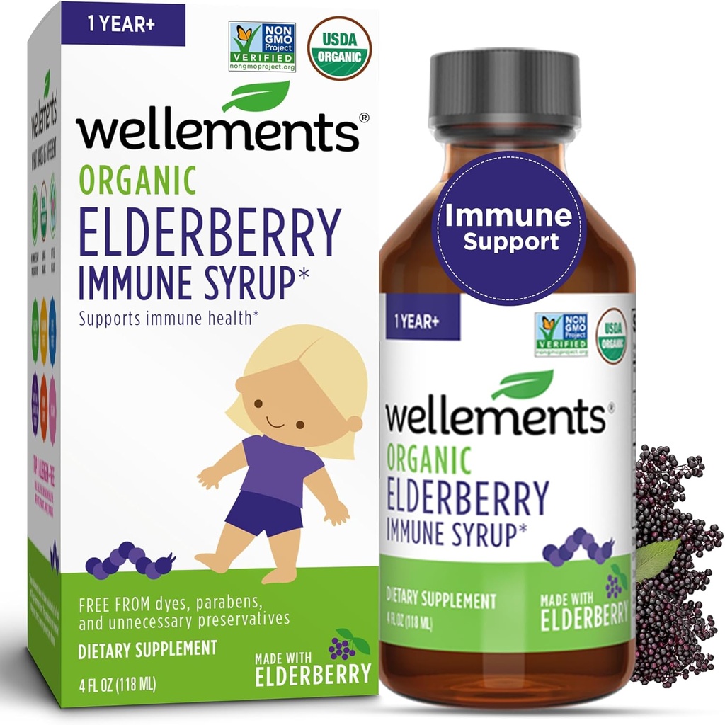 Spotřebitelé Organic Elderberry Syrup pro děti 124; Podporuje imunitní zdraví * pro děti & Toddlers, Made with Organic Elderberry, USDA Certified Organic & Non GMO S124; 1 Rok +, 4 Fl Oz
