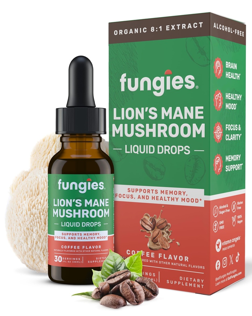 Fungies Lion 's Mane Houba Kapky, Káva - Tinktura s Lions Mane Extract podporuje mozeček, Focus, Paměť a zdravý mood - Houba Komplexní doplněk pro dospělé - 30 Služebnictví