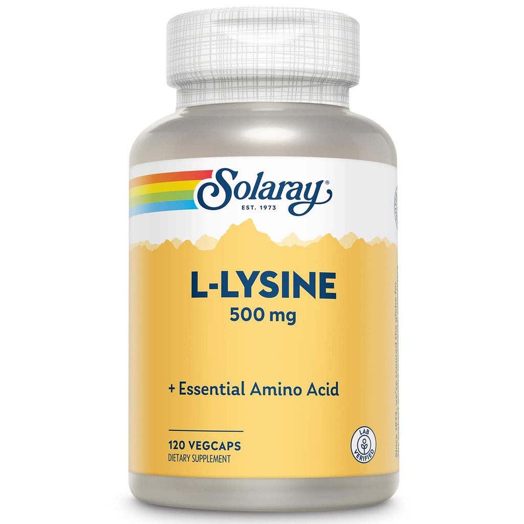 SOLARAY L Lysin 500 mg Kapsle - Bezbariérový doplněk esenciálních aminokyselin - Výkonná Wellness podpora s L- lysinovou aminokyselinou - Laboratorní ověřená, 60denní záruka, 120 Služeb, 120 VegCaps