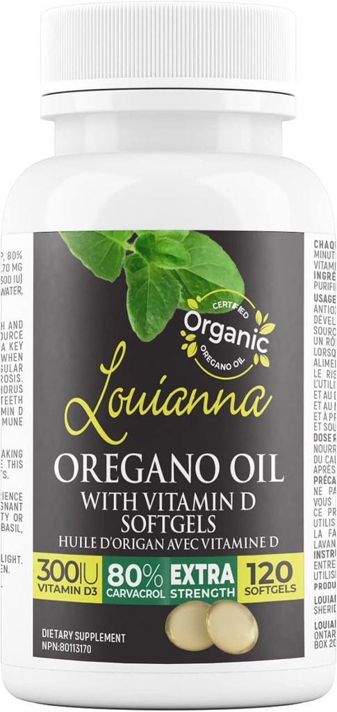 Louianna - Organický divoký oregano olej s vitamínem D, tekuté Softgel Kapsle s 80 Procento Carvacol, Podporuje Vaše kosti, imunitní a Gut zdraví, Bylinné doplňky, 120 Softgels