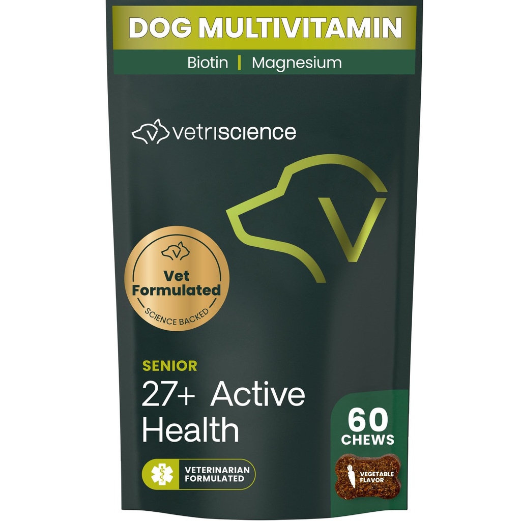 VetriScience Senior 27 + Active Health Chews, Canine Plus Daily Multivitamin pro Senior Dogs, Balanced Vitamíny, Minerály a antioxidanty, Zdravá stárnutí a wellness podpora, Veggie, 60 Počet