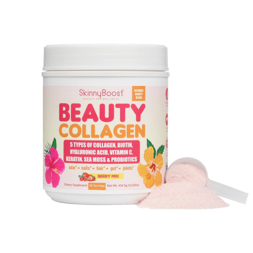 Krása Kolagen Powder- 5 Typy hydrolyzované kolagen, Moss moře, Biotin, Keratin, Hyaluronic acid, Vitamin C a Probiotics- vlasy, kůže, Nails- Všechny přírodní, Vyrobeno v USA-45 Služe- Smíšené Berry