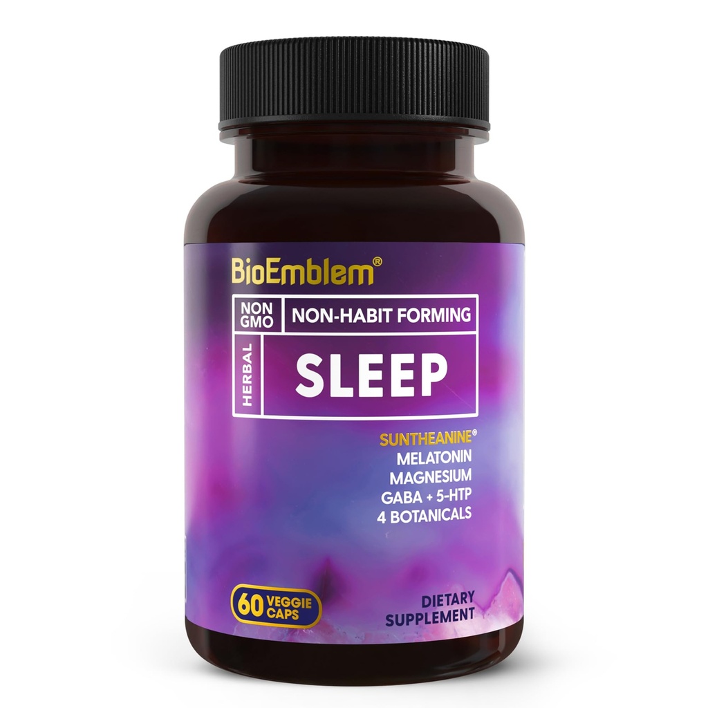 Biologický Emlem Přírodní spánková pomoc pro dospělé s melatonin, Valerian Root, Suntheanine & Více capsule 124; Zdravý spánkový doplněk 124; Bylinné prášky na spaní 124; 60 Kapsle