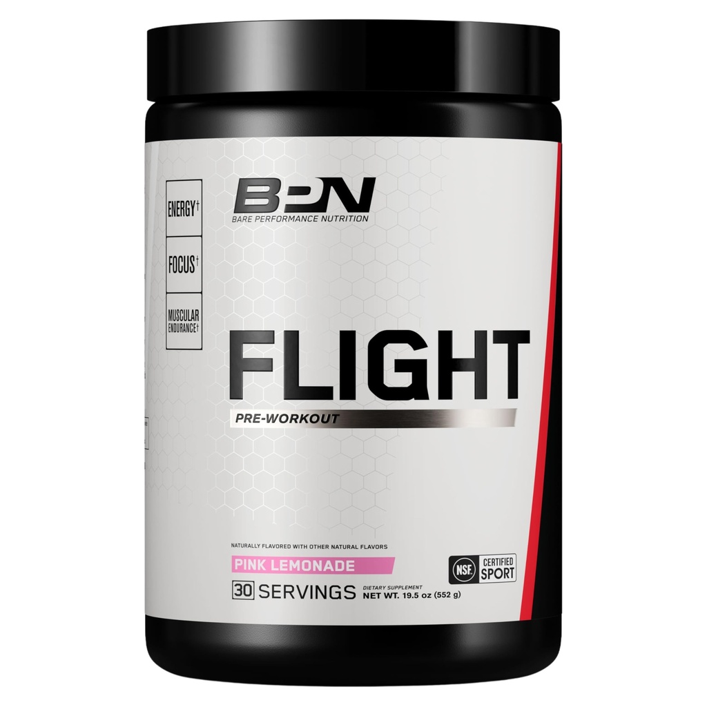 BARE VÝKONNOST VÝKONNOST BPN Flight Pre Workout, Podporuje energii a duševní soustředění, lepší vytrvalost a svalová čerpadla s CarnoSyn ® Beta Alanin, Pink Lemonade, 30 Služební