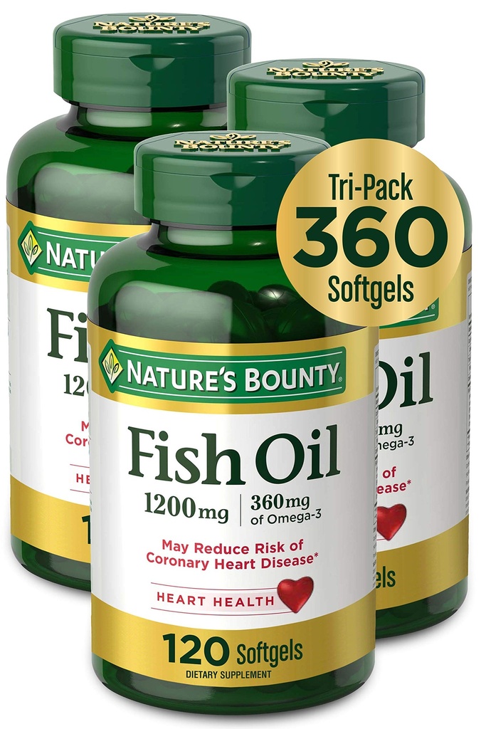 Přírodní rybí olej, 1200mg, 360mg Omega-3, 120 (3 balení, 360 celkem)