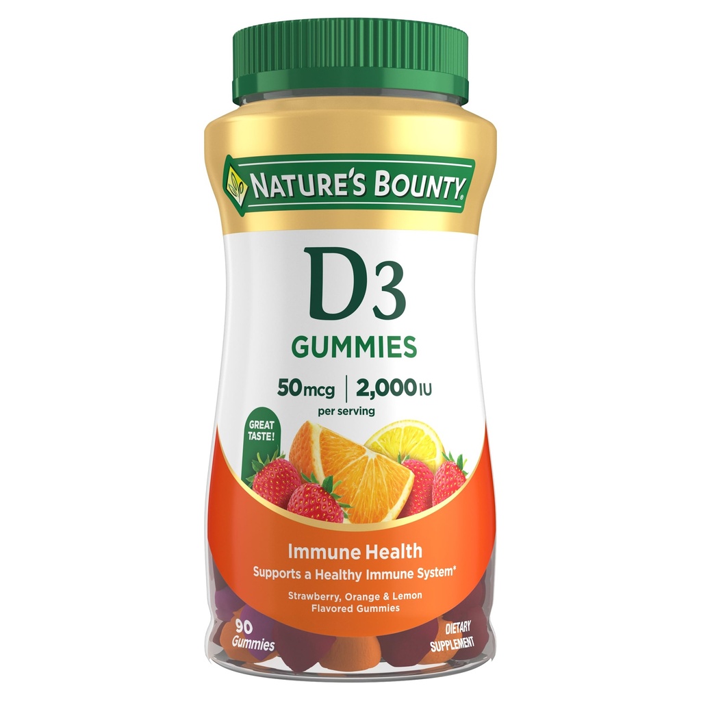 Nature 's Bounty Vitamin D3 Gummies, Vitamin dodatek, Podporuje imunitní zdraví, 50mcg, 2000IU, Smíšené ovocné příchutě, 90 Gummies