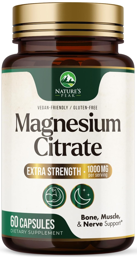 Magnesium Citrát 1000mg - vysoce absorpční doplněk hořčíku podporuje svaly, kosti, nerv a srdce zdraví - Extra síla Magnesio komplexní pilulky - Non- GMO, Premium Energy Formule - 60 Kapsle