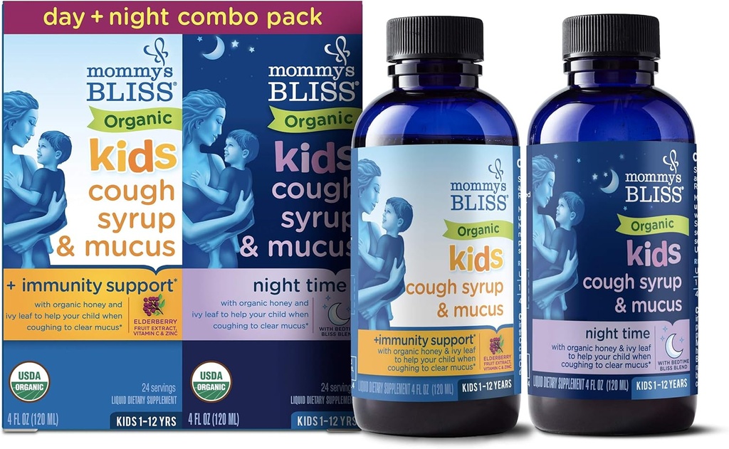 Mamina je Bliss Organic Cough Syrup & Mucus for Kids, Day and Night Combo Pack with Vitamin C and Imunity Support, Obsahuje organický med a Ivy Leaf, 4 Fl Oz (Pack of 2)