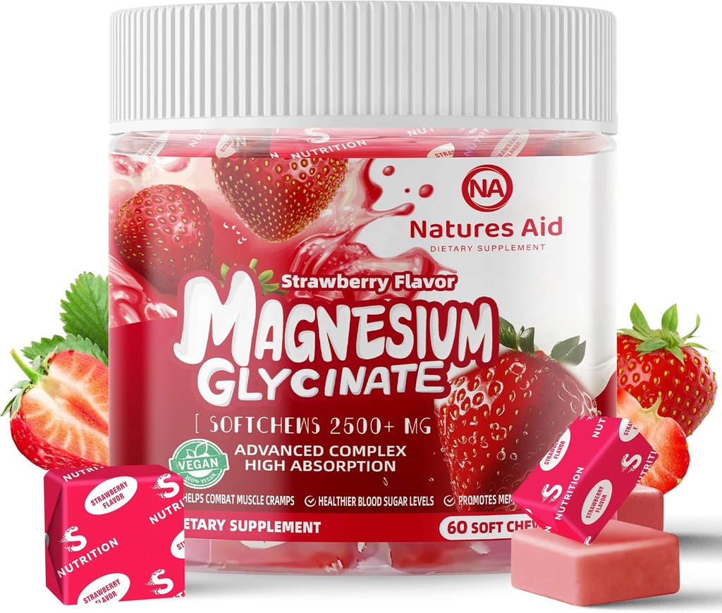 Glycinát hořečnatý měkké Chews, Strawberry Flavor. Žvýkací cukr bez hořčíku Žvýkačky s magnesium- glycinátem, vitamin D, B6, a CoQ10 pro klidnou podporu a spánek pro dospělé, 60 dní dodávky