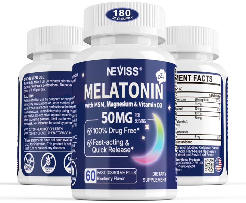 Melatonin 50 mg pro dospělé - Extra Strength 9- in-1 Fast Disolute Sublingual - w / Vitamin D3 & MSM, Relaxing Herbal Blend- Ashwagandha, Lemon Balm, Passionflower, Heřmánek, Sugar Free, Vegan 180 Servings