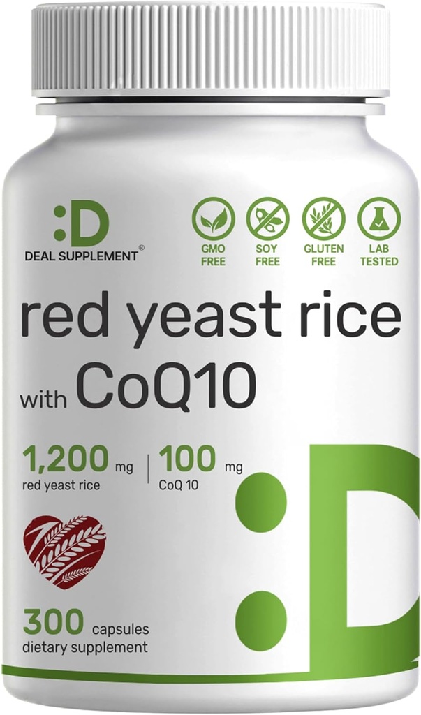 Deal dodatek červená kvasinková rýže 1,200mg per Serving with CoQ10, 300 Kapsle - Antioxidant Support - Pure Monocycle Purpureus Powder Source - Citrinin Free, Non- GMO