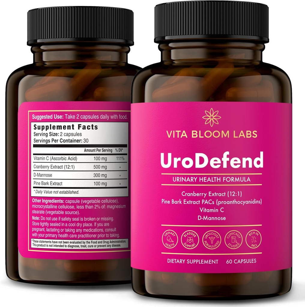 UroDefend UTI Protection Formule 124; Cranberry PACs CLAS124; Lékař ověřený CLAS124; Additive Free + gluten Free CLAS124; Cranberry Extract, Pine Bark Extract, D Mannose, Vitamin C CLAS124; 60 Kapsle