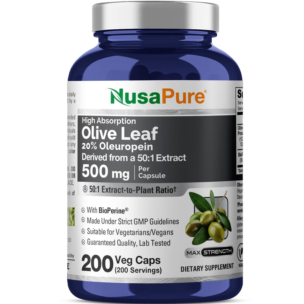 NusaPure Olive Leaf 20% Oleuropein 50: 1 Extract, 500 mg Ekvivalentní s 25 000 mg 200 Veg Caps Vhodné pro vegetariány a vegany, Non- GMO