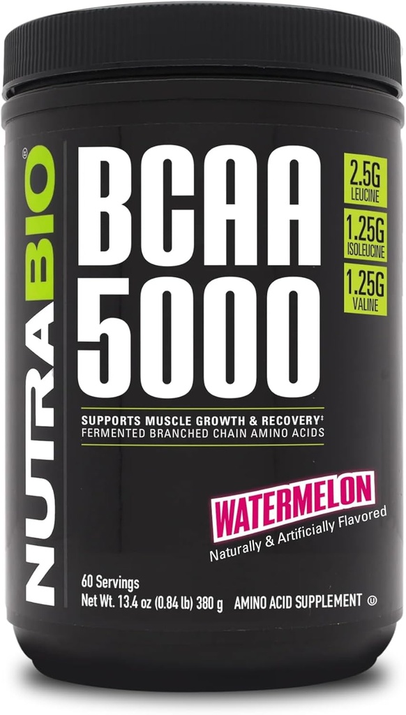 NutraBio BCAA 5000 Powder - Vegan fermentované BCAA - Podporuje růst svalů, zotavení, vytrvalost - 60 Služeb - Meloun