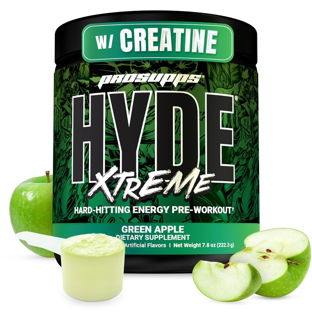 PROFUPS Mr. Hyde Xtreme Pre Workout Powder with Creatine, Beta Alanin & Caffeine - Extreme Energy, Čerpadla, Focus & Performance - Fitness & Gym doplňky pro muže a ženy (Zelené jablko, 30 Služeb)