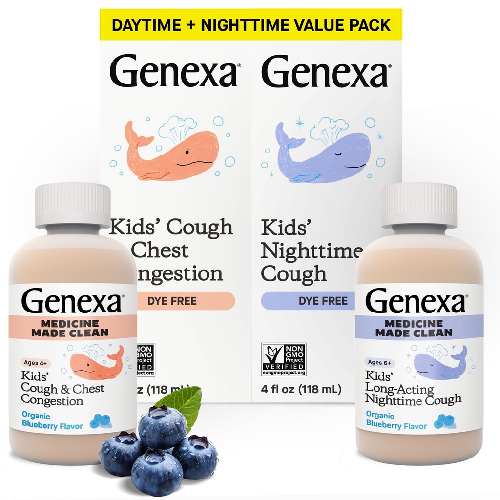 Genexa Kids 'Clean Day & Night Cough Medicine, Barvy zdarma, 0% umělé přísady, Dětský kašel, Hrudní kongestion, Runny Nose & NECZING Relief, Ages 6 +, Organic Blueberry Flavor, 8 fl oz (2 Pack)