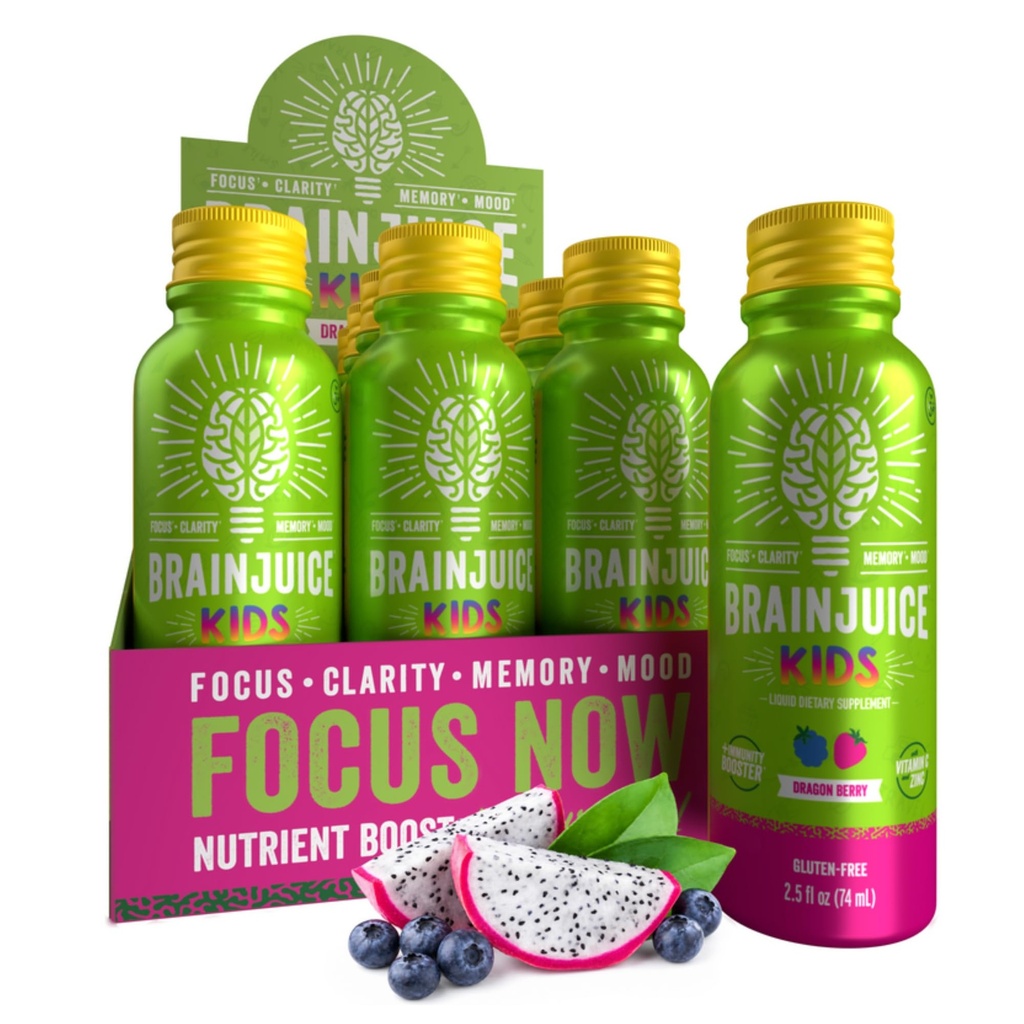BrainJuice Kids Brain & Imunity Support Shot, Gluten Free Supplementary Shots for Energy, Focus, Imunity with Vitamin D, C, B, Alpha GPC & Organic Ginger Root, Ages 5 +, Dragon Berry, 2.5 fl oz, 12 Pack
