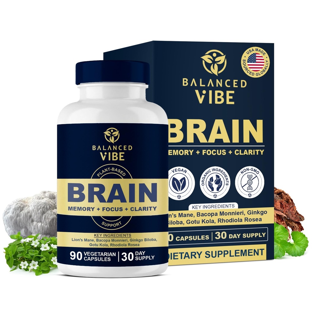 Vyvážený Vibe Brain Formule 124; Organic Plant- Based Nootroppic for Focus, Clarity & Paměť 124; Organic Lion 's Mane, Ginkgo, Bacopa, Rhoddiola, Gotu Kola Cot124; Vegan Capsules 124; 30 Day Supply