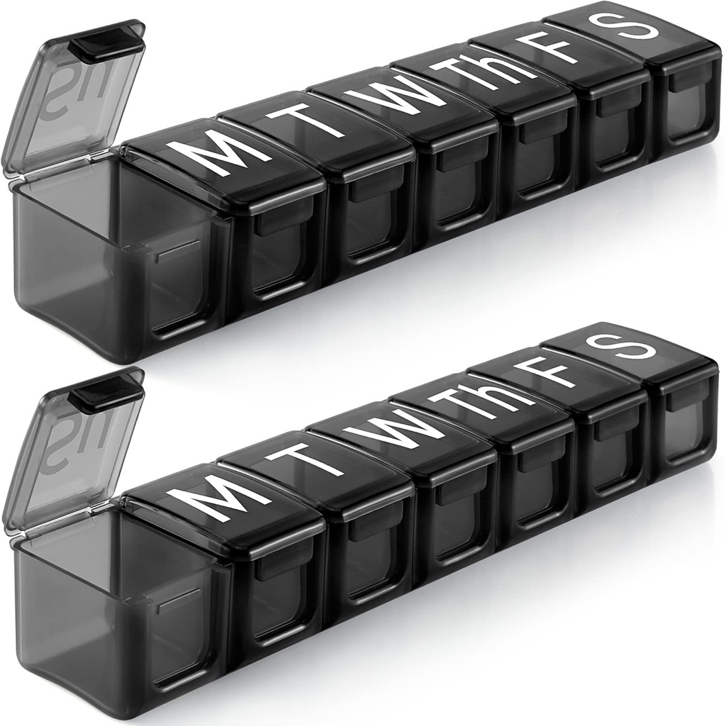 2 balení Extra velký týdenní pilulkový pořadatel, BPA Zdarma Pill Box 7 Day s XL Compartment for Fish Oils, Travel Friendly Medicine Organizátor Pill Pouzdro pro vitamíny, doplňky