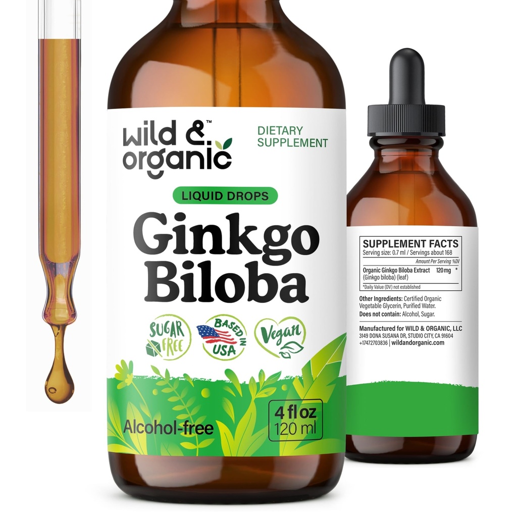 Wild & Organic Ginkgo Biloba Extract Drops - Brain & Focus Support - Liquid Ginkgo Biloba Supplements - Vegan, cukr & Alcohol- Free Bylinné tinktury - 4 fl oz