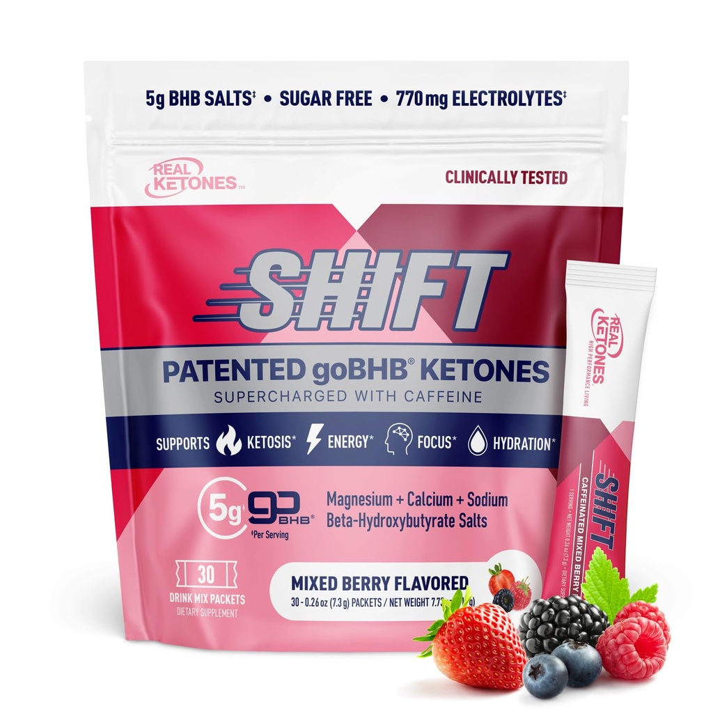 Real Ketones BHB Exogeneous Ketones Drink Mix Packets Keto Electrolytes Powder Packets No Sugar with 4 Main Fasting Electrolytes Plus Hydrating Patented Keto BHB - 30 Count Mixed Berry Caffeine