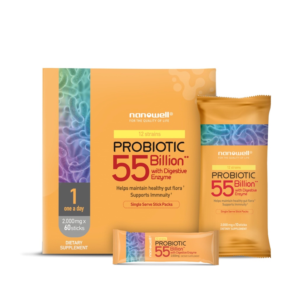 NANOWELL 12 Strains Probiotic 55 Bilion CFU s trávicími enzymy Powder - imunitní podpora, Gut zdraví, Probiotika, Prebiotika a Postbiotika - 60 Sticks, 60 Day Supply