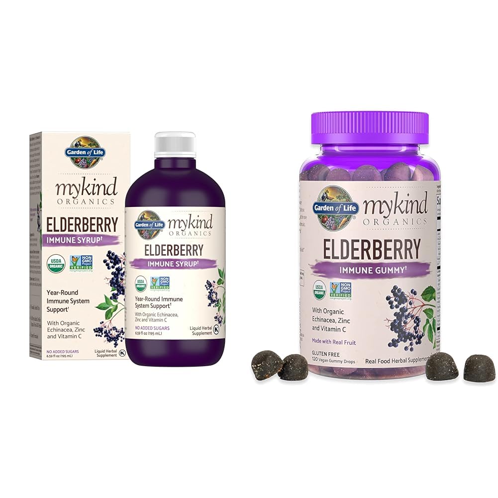 Garden of Life Organics Plant-Based Elderberry Immune Syrup 6.59 fl oz & Organics Elderberry Gummies for Adults & Kids
