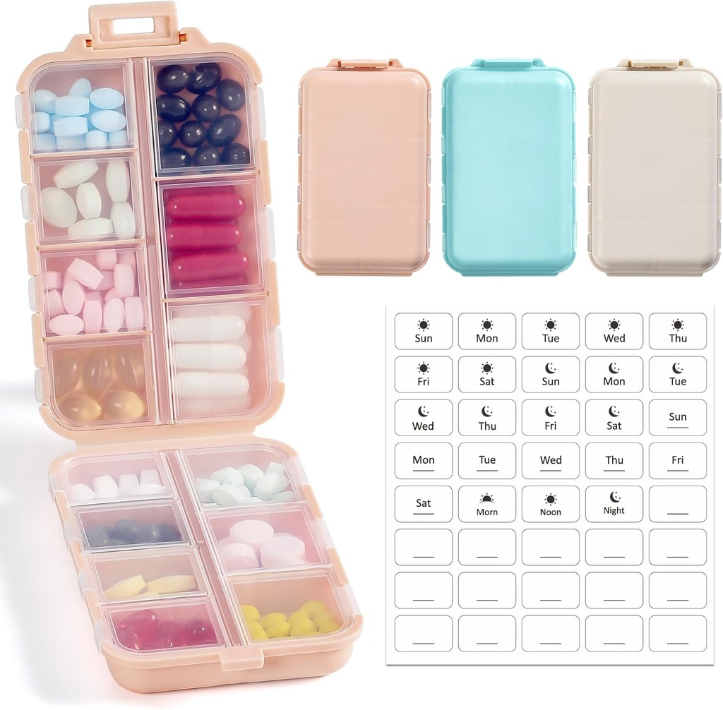 3 Pack, 14 GRIDS Travel Pill Pořadatel Box s etiketami - Cestovní medicína Kit - Pocket Daily Pharmacy Container - Travel Medication Holder Disperser for Fish Oil Vitamin Supplement Storage