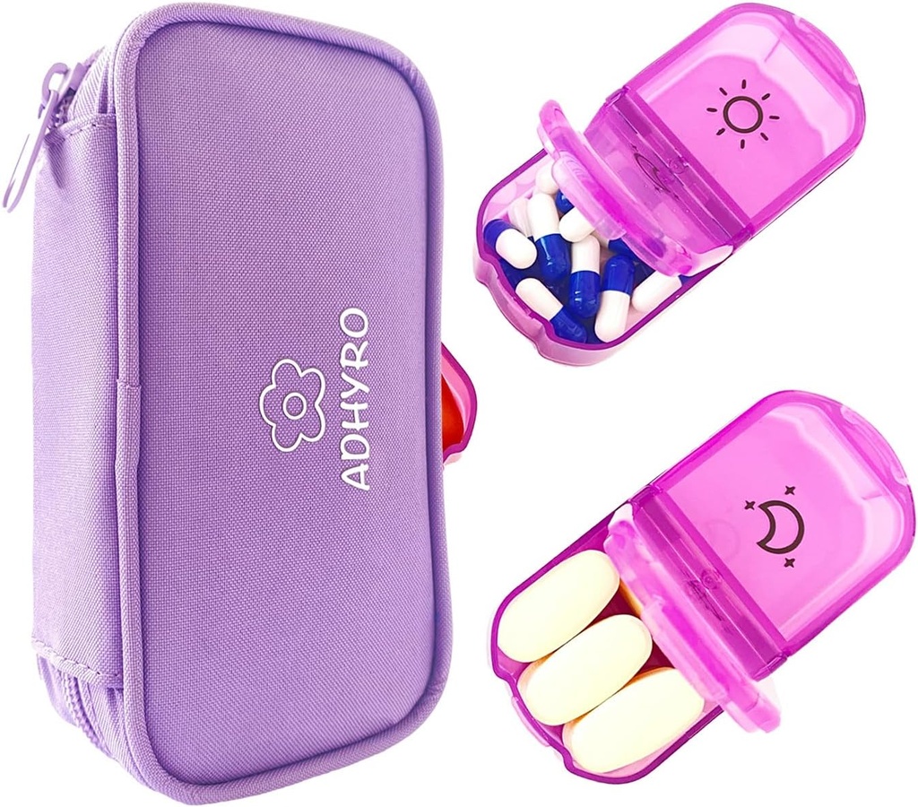 Pořadatel pilulek 2 krát denně, Velký AM / PM Týdenní Pouzdro na Pill Box 7 Day Pouzdro s nápisem a ochranou soukromí Light- Purple Zipper Bag držet doplňky, vitamíny a rybí oleje
