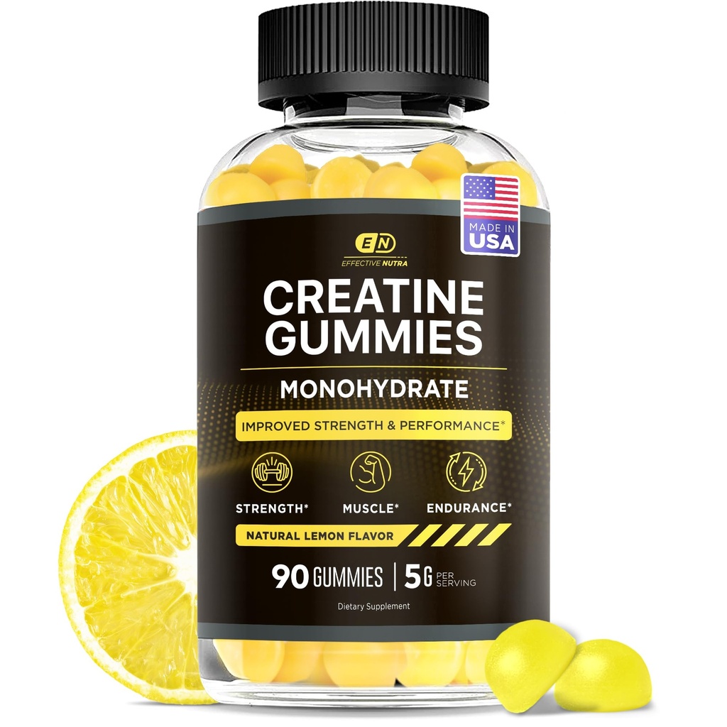 Efektivní Nutra Creatine Monohydrát Gummies - 1g Creatine per Gummy - Vegan Muscle & Strength Dodatek pro muže a ženy - Podporuje růst svalů, energie, Endurance - Lemon Flavor, Made in USA (90ct)