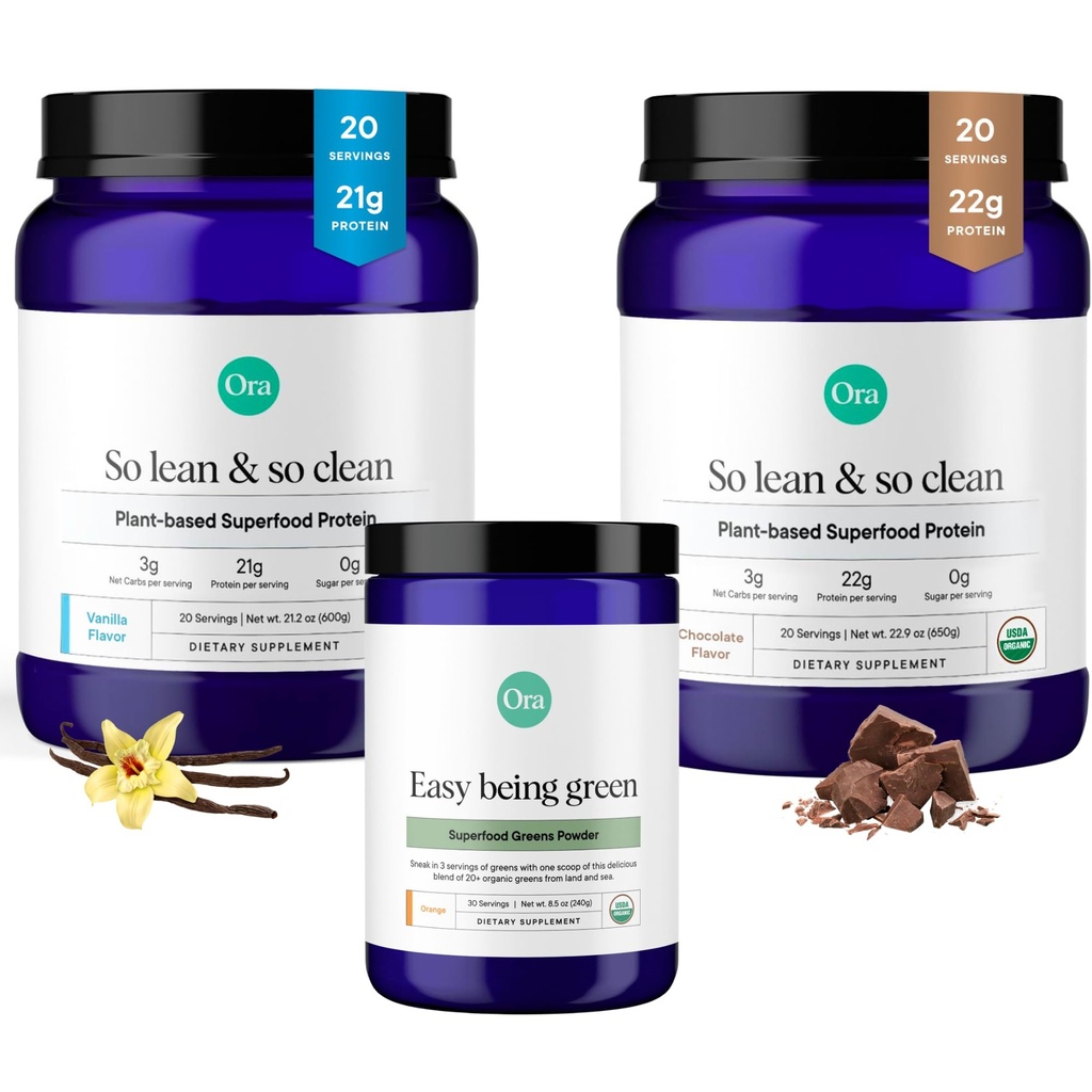 Ora Organic Vegan Protein Powder Chocolate, Vanila & Greens Powder Bundle: 22g Plant based, Chocolate, 20 Servings + 21g Plant based, Vanilla, 20 Servings + Organic Super Green Drink, 30 Servings