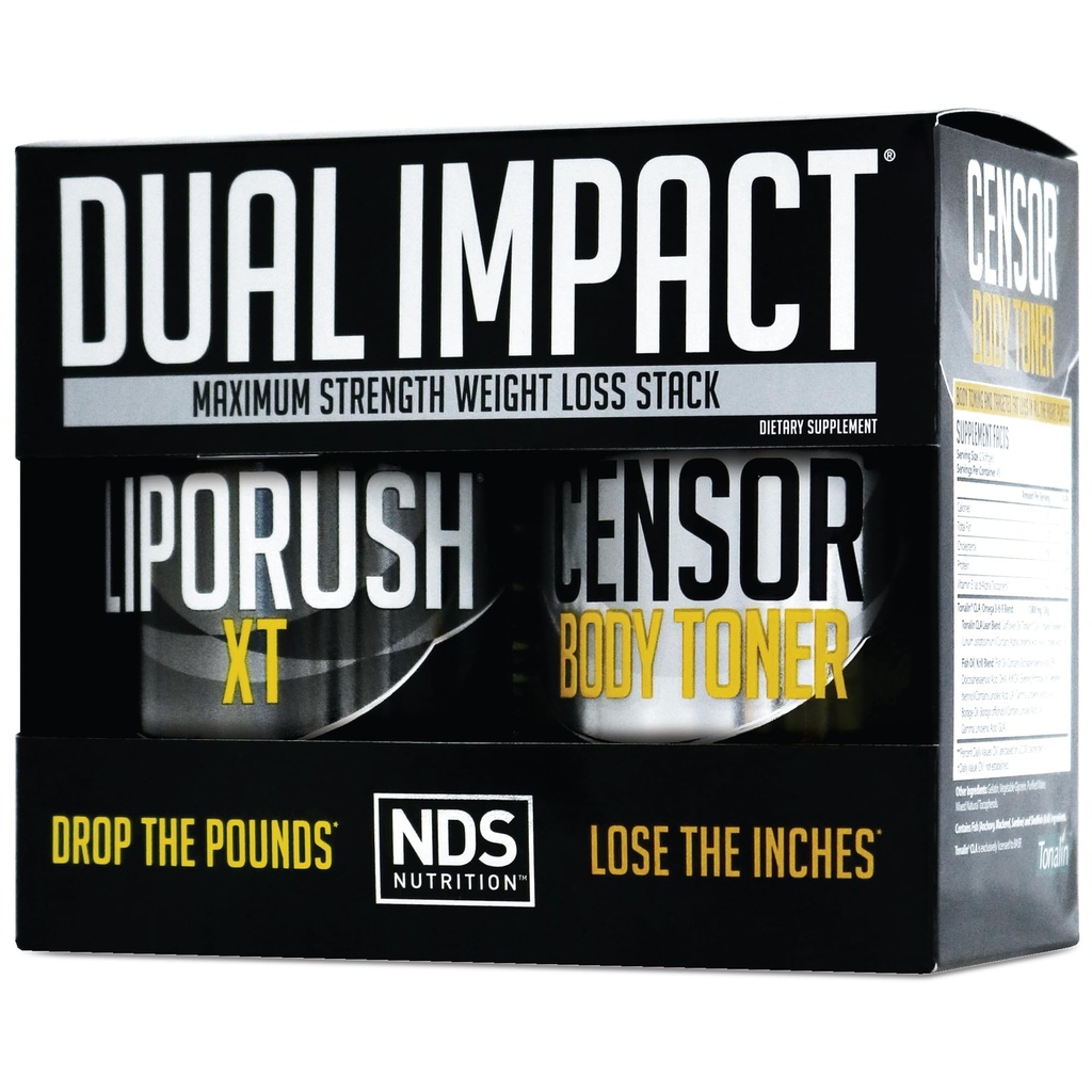 NDS Nutrition Maximum Strength Dual Impact Stack - Výkonný 2- in-1 Váhový ztrátový Kit Kombinuje vysokoenergetický tubu- pálení XT termogenní s Premium CLA Censor Body Toner (60 Caps & 90 Softgels)