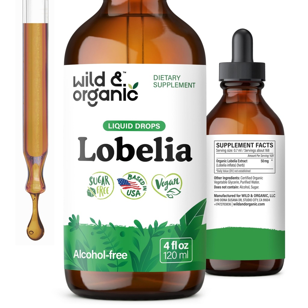 Wild & Organic Lobelia Tincture - Lung Detox and Cleanse - Liquid Lobelia Herb Dodatek - Vegan, cukr & Alcohol- Free Leaf Extract Drops - 4 fl oz