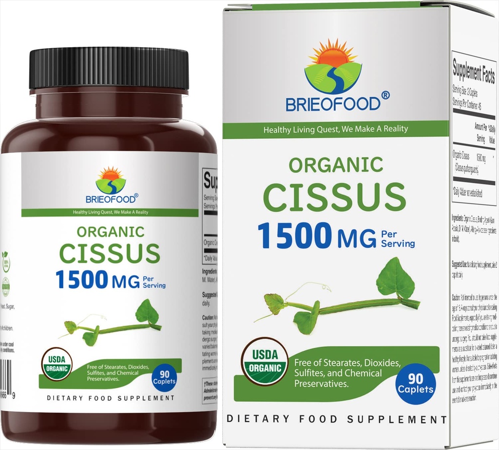 Brieofood Organic Cisses Quadrangularis 1500mg, 45 Servings, Vegetarian, Gluten Free, 90 Vegetarian Tablety